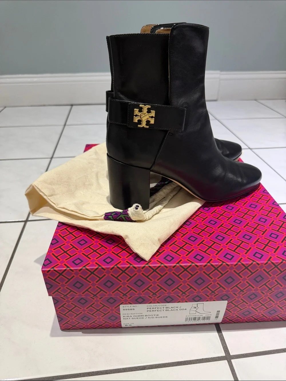 Tory Burch Black Leather Mid-Calf Heeled Boots with Logo Accent